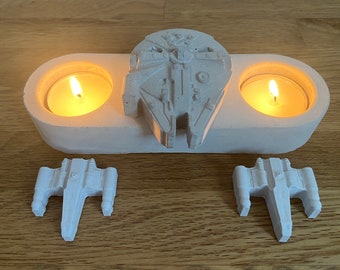 Star Wars concrete tea light candle holder with Millennium Falcon and 2 x-wings