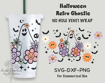 ハロウィン レトロ ゴースティ スターバックス コールド カップ | 穴なしラップ | SVG PNG DXF | ハロウィン ゴースティ フルカップ ラップ | カッティング ファイル 24 オンス ベンティ カップ アート