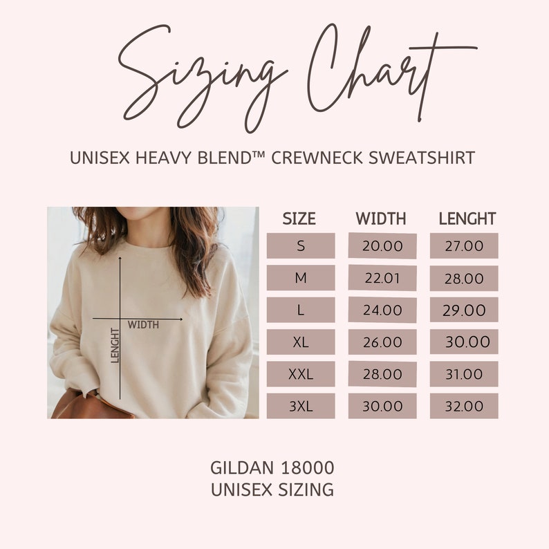 May include: Unisex sizing chart for a Gildan 18000 crewneck sweatshirt. The chart shows the width and length measurements in inches for sizes S, M, L, XL, XXL, and 3XL.