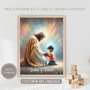 Peinture de Jésus, oeuvre d'art chrétienne, art chrétien moderne, Jésus priant avec un petit garçon, art mural verset de la Bible, je suis un disciple de Jésus-Christ