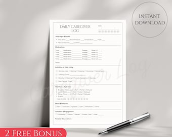 Caregiver Log, Caregiver Checklist, Caregiver Daily Log, Caregiver List, Medication Log, Emergency Printable