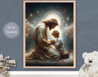 Jesus painting, Christian Artwork, Modern Christian Art, Jesus Praying With Little Boy, Celestial Jesus, Bible Verse Wall Art, Jesus Christ