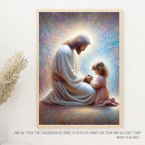Jesus Malerei, christliche Kunstwerke, moderne christliche Kunst-Download, Jesus beten mit kleinem Mädchen, Bibel-Vers-Wandkunst, Liebe wie Jesus PNG