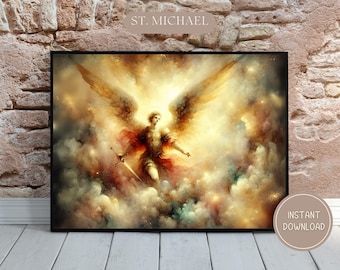 May include: A painting of an angel with golden wings and a sword, standing in a cloud-filled sky. The angel is wearing armor and a red cape. The background is a bright, golden light.