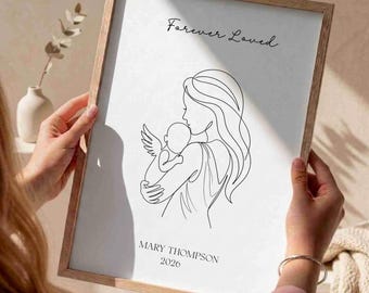 Dibujo lineal sobre la pérdida del embarazo, cuadro de madre y bebé ángel para pared, regalo para casos de aborto espontáneo, regalo de condolencia por la pérdida del bebé, papel de archivo de calidad museística