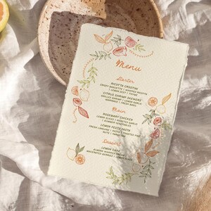 Modèle de menu de douche nuptiale citron imprimable, menu de mariage méditerranéen aux agrumes, mignon dessin au trait dessiné à la main, menu d'été italien illustré, L1