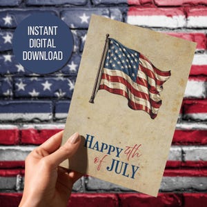 Thuis afdrukken Afdrukbare kaart Happy 4th of July American Independence Day Card Fourth of July Celebration rood-wit-blauwe wenskaart