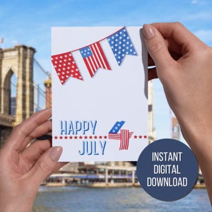 Thuis afdrukken Afdrukbare kaart Happy 4th of July American Independence Day Card Fourth of July Celebration rood-wit-blauwe wenskaart