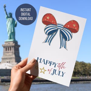 Thuis afdrukken Afdrukbare kaart Happy 4th of July American Independence Day Card Fourth of July Celebration rood-wit-blauwe wenskaart