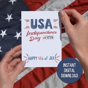 Cartão para impressão Feliz 4 de julho Dia da Independência dos Estados Unidos Cartão para imprimir em casa Celebração do 4 de julho Cartão de felicitações vermelho, branco e azul
