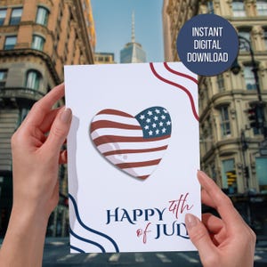 Cartão para impressão Feliz 4 de julho Dia da Independência dos Estados Unidos Cartão para imprimir em casa Celebração do 4 de julho Cartão de felicitações vermelho, branco e azul