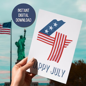 Cartão para impressão Feliz 4 de julho Dia da Independência dos Estados Unidos Cartão para imprimir em casa Celebração do 4 de julho Cartão de felicitações vermelho, branco e azul