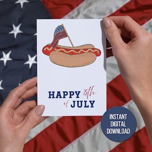 Cartão para impressão do Dia da Independência dos Estados Unidos, Feliz 4 de Julho, imprima em casa, cartão comemorativo do 4 de julho, cartão de felicitações vermelho, branco e azul