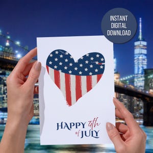 Cartão para impressão do Dia da Independência dos Estados Unidos, Feliz 4 de Julho, imprima em casa, cartão comemorativo do 4 de julho, cartão de felicitações vermelho, branco e azul