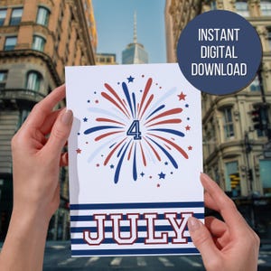 Thuis afdrukken Afdrukbare kaart Happy 4th of July American Independence Day Card Fourth of July Celebration rood-wit-blauwe wenskaart