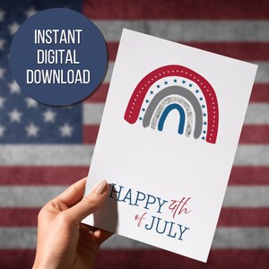 Thuis afdrukken Afdrukbare kaart Happy 4th of July American Independence Day Card Fourth of July Celebration rood-wit-blauwe wenskaart