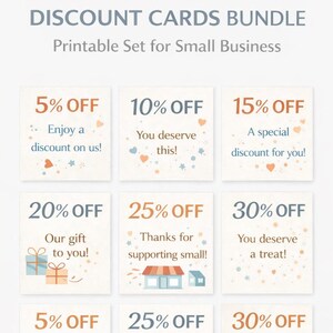 Può includere: Un set stampabile di buoni sconto per piccole imprese. Le carte presentano sconti dal 5% al 30%, con cuori, stelle e illustrazioni decorative. Il testo include frasi come «Goditi uno sconto da noi!» e «Te lo meriti!»
