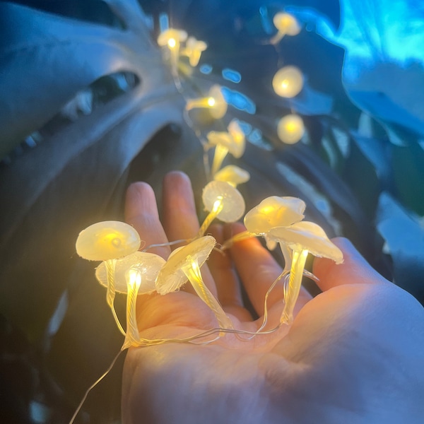 Handmade Mushroom Fairy Lights | Warm White LED, Silver Wire