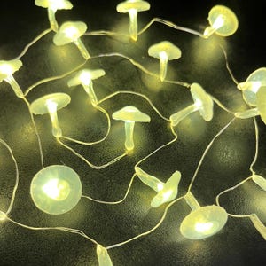 Può includere: Una stringa di luci decorative con luci a forma di fungo. Le luci emettono un bagliore giallo caldo e sono infilate su un filo sottile e argentato. I cappelli dei funghi sono traslucidi.