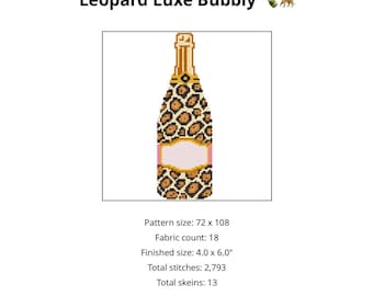 Patrón de bordado de botella de champán con estampado de leopardo en PDF / Lienzo de malla 18 / Bordado inspirado en diseñadores / Descarga digital