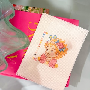 May include: A cross-stitch project featuring a cartoon girl with blonde curly hair, a pink bow, and a pink dress. The needlepoint is on a white perforated canvas. A pink book and a green glass vase are in the background.