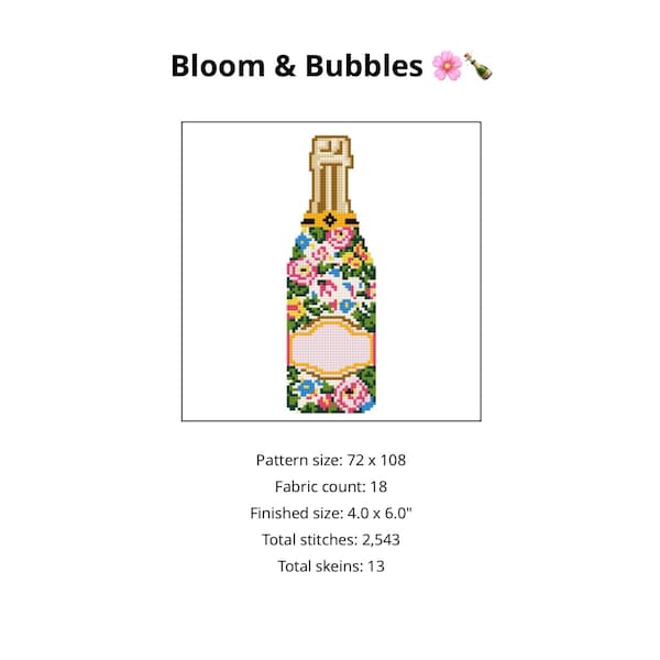 Patrón de bordado floral para botella de champán (PDF) / Lienzo de malla 18 / Bordado preppy / Descarga digital