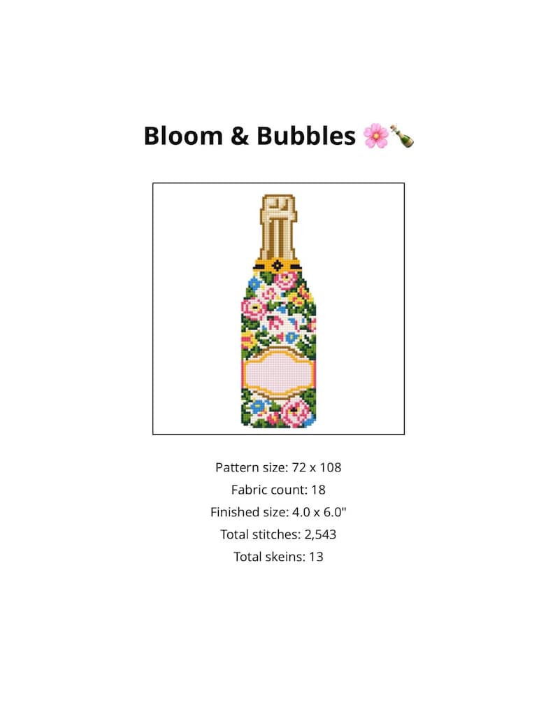 Patrón de bordado floral para botella de champán (PDF) / Lienzo de malla 18 / Bordado preppy / Descarga digital imagen 1