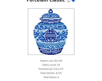 Patrón de bordado para tarro de jengibre azul / Decoración estilo chinoiserie (Descarga en PDF)