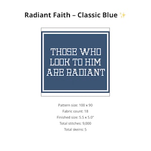 May include: A cross-stitch pattern with the text "THOSE WHO LOOK TO HIM ARE RADIANT" in white on a dark blue background. The pattern is labeled "Radiant Faith - Classic Blue" and has a finished size of 5.5 x 5.0 inches.