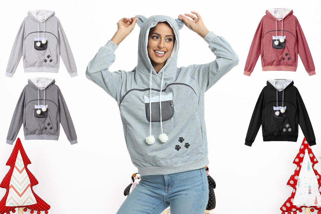 Latestepic Kawaii Cat Pouch Pocket Hoodie, Cat Carrier, Cat Owner Gift