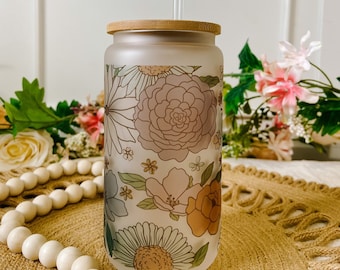 Fall Floral Glass Can/ Iced coffee glass cup / Aesthetic glass cup/ Can shaped glass/ Glass coffee cup with lid and straw/ Gift for her