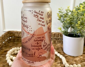 Daily Reminder Affirmations / iced coffee glass cup / aesthetic glass cup / Boho Chic Self Love cup / 16 oz glass cup/ Sublimation glass can