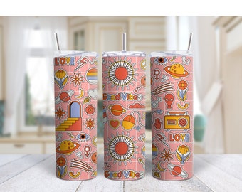 Retro Groovy 20oz Insulated skinny Tumbler, Pink retro pattern, Retro 70's tumbler with lid and straw, Gift for Mom, Good vibes tumbler