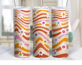 Retro Rainbow 20oz Insulated skinny Tumbler, Pink retro pattern, Retro 70's tumbler with lid and straw, Gift for Mom, Good vibes tumbler