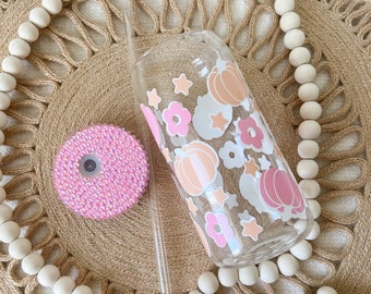 Pastel Pumpkins Retro can glass/ Glass coffee cup with lid and straw/ Glass iced coffee cup / Fall Pumpkin Spice Glass Cup /Fall Aesthetic