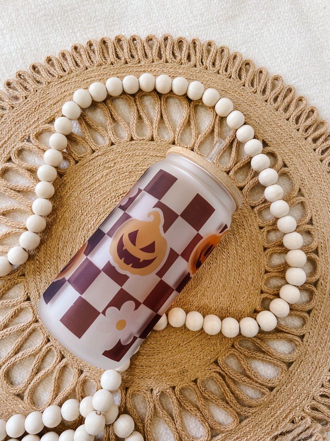 Retro Checkered Pumpkin Can Glass/ Glass Coffee Cup With Lid and Straw ...