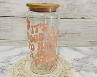 Good day glass can // iced coffee glass cup // aesthetic glass cup // 16 oz glass cup // glass coffee cup