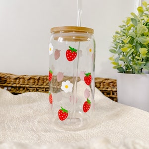 Strawberry cup/ Glass iced coffee cup / aesthetic glass cup / Gift for her/ Positive self love/Glass coffee cup with lid and straw