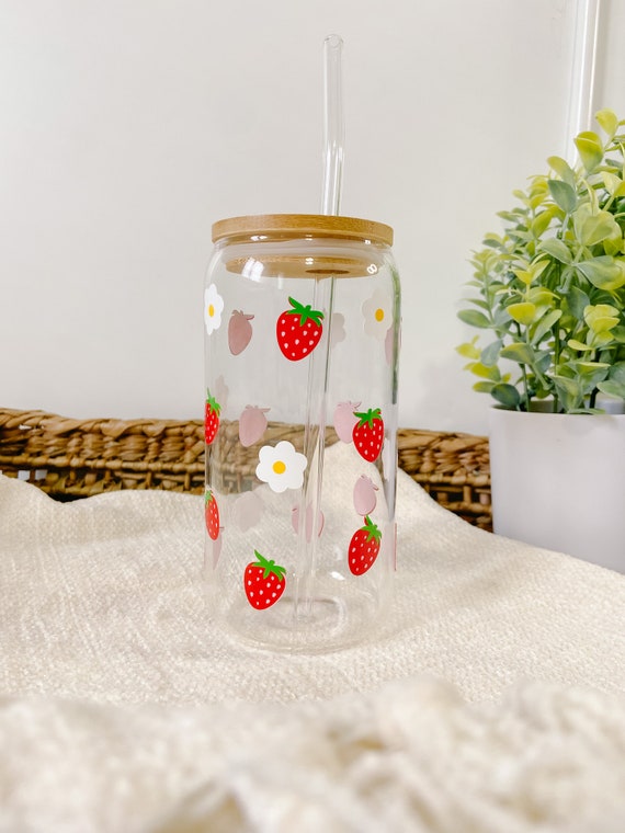 Strawberry Cup/ Glass Iced Coffee Cup / Aesthetic Glass Cup / Gift for Her/  Positive Self Love/glass Coffee Cup With Lid and Straw 