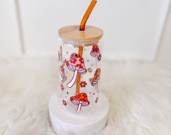 Retro Groovy Mushroom/Magic Mushroom can glass / Iced coffee glass cup/ aesthetic glass cup / coffee cup with lid and straw / gift for her