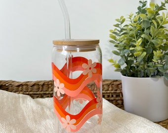 Retro Rainbow can glass/ Glass coffee cup with lid and straw/ Glass iced coffee cup / Gift for her / You're SO Golden Glass cup