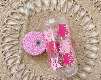 Autumn Leaf Glass Can Cup with Lid & Straw, Fall Aesthetic