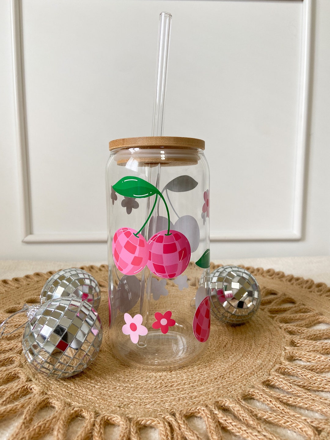 Retro Cherry Can Glass/ Glass Coffee Cup With Lid and Straw/ Glass Iced ...
