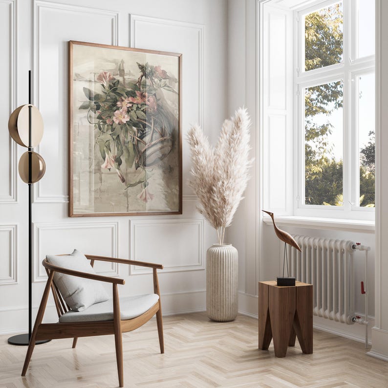 Vintage Floral Basket Art Print, Botanical Wall Art, Digital Download