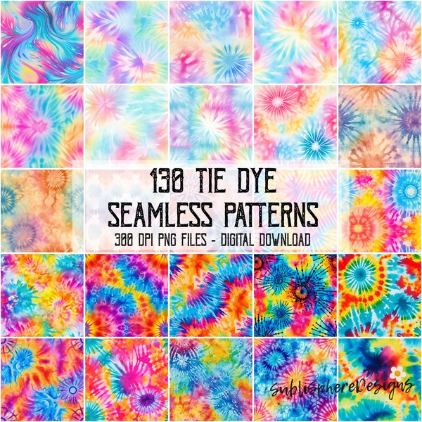 130 Tie Dye Digital Paper Design Bundle, Instant Download, Seamless Tiled Patterns Png