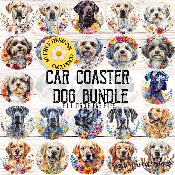 250+ Car Coaster Dog Bundle, Watercolor Flowers Circle PNG, Pet Lover Car Accessory, Floral Dog Design Drink Coasters, Round Car Coaster Set