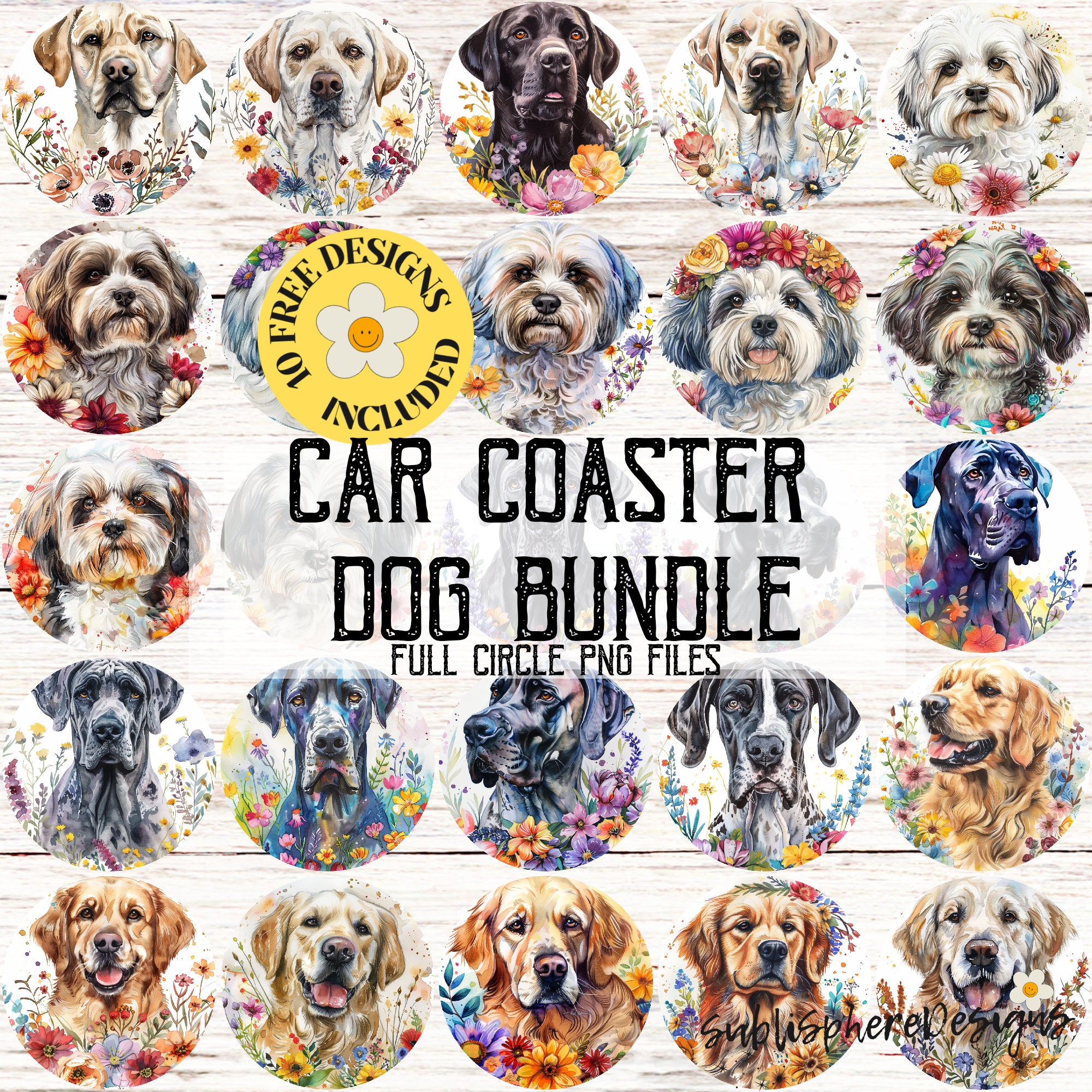 250 Car Coaster Dog Bundle, Watercolor Flowers Circle PNG, Pet Lover