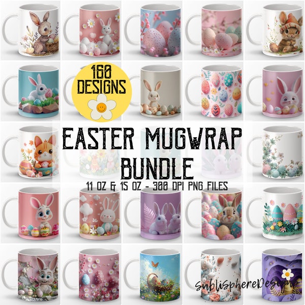 160 Easter Mug Wrap Bundle, Sublimation PNG for 11oz and 15oz Mugs, Spring Mug Design 3D Set, Cute 3D Rabbit and Eggs Graphics