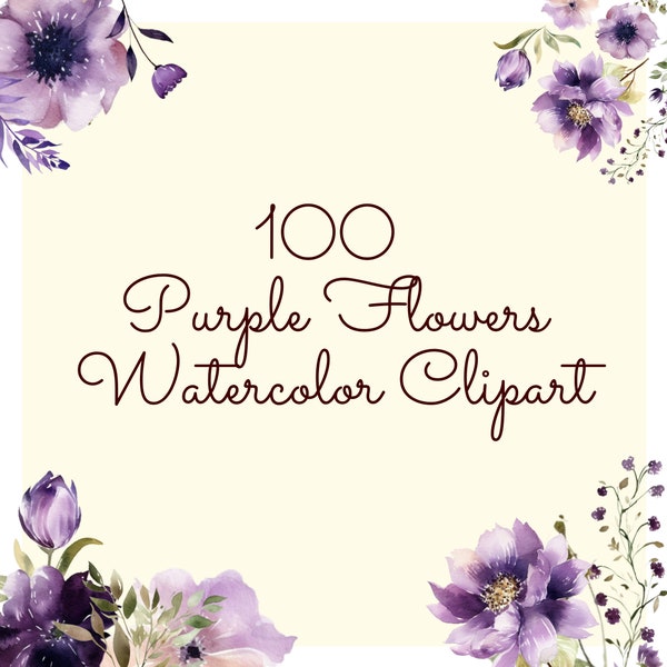 100 Purple Flowers PNG, Watercolor Floral Clipart Bundle Includes Bouquets, Wreaths, Drops and Elements, Small Commercial Use