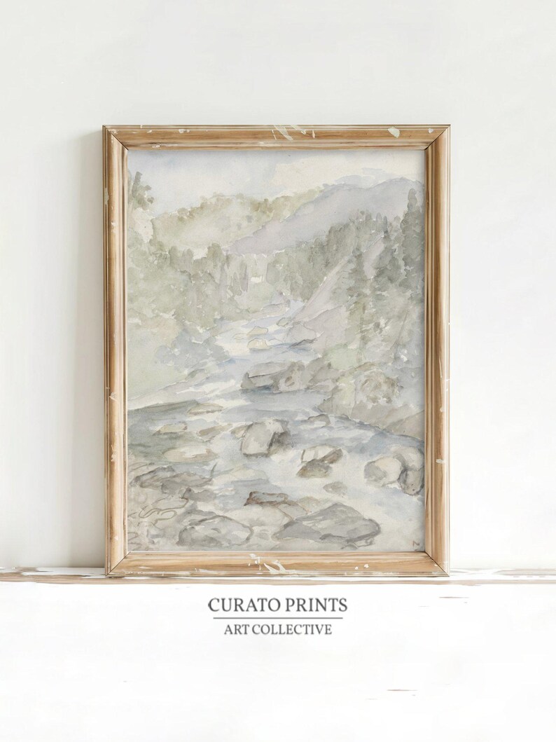Serene Mountain Stream Printable Wall Art, Instant Download, Watercolor